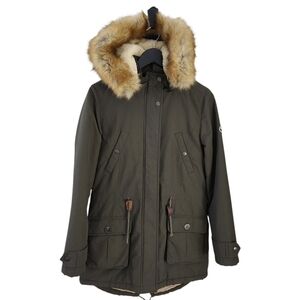 PUFFA Olive Green Faux-Fur Trim Parka Coat small